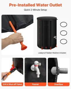 Regntunna - Hopfällbar regnvattentunna - Kapacitet 250 l - PVC 500D - Med tappkran och överfyllningskit - Regnvattenuppsamlare - Svart