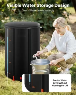 Regntunna - Hopfällbar regnvattentunna - Kapacitet 250 l - PVC 500D - Med tappkran och överfyllningskit - Regnvattenuppsamlare - Svart
