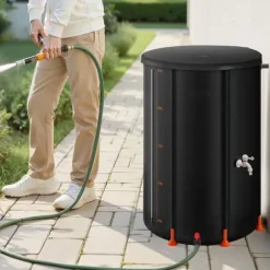 Regntunna - Hopfällbar regnvattentunna - Kapacitet 250 l - PVC 500D - Med tappkran och överfyllningskit - Regnvattenuppsamlare - Svart