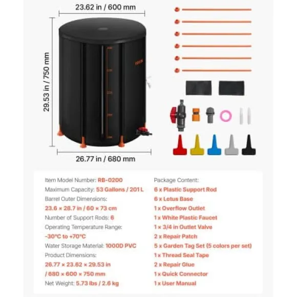 Regntunna, 201 L, 60x73 cm, Svart, PVC