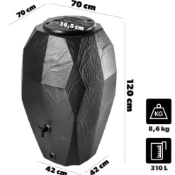 Regnvattenbehållare, 310 liter kapacitet, frostbeständig plast, 100 cm höjd, 60 cm diameter, effektiv insamling av regnvatten