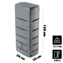 Regnvattenbehållare, 260L kapacitet, hållbar plast, smart dräneringsdesign, stabilitet ovan mark, modern granitfinish