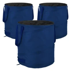 Relaxdays 3 självstående trädgårdssäckar, 85 l, pop-up system, 3 handtag vardera, UV-resistenta, vattentäta, blå