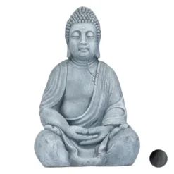 Relaxdays Buddha-statyn, Buddha-figur, trädgårdsdekoration, keramikskulptur, Zen 50 cm, ljusgrå