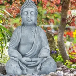 Relaxdays Buddha-statyn, Buddha-figur, trädgårdsdekoration, keramikskulptur, Zen 50 cm, ljusgrå