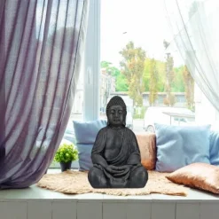 Relaxdays Buddha-statyn, Buddha-figur, trädgårdsdekoration, keramikskulptur, Zen 50 cm, ljusgrå