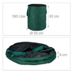Relaxdays Pop-Up trädgårdssäck, avfallssäck, set med 3 lövträdgård 160 liter trädgårdsarbete: ∅ 55 cm, grön