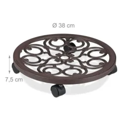 Relaxdays stöd för rullande växter, rund, i metall, rullande bricka för blomkrukor, antik utseende, brun