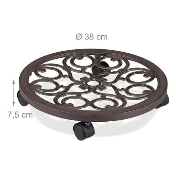 Relaxdays stöd för rullande växter, rund, i metall, rullande bricka för blomkrukor, antik utseende, brun