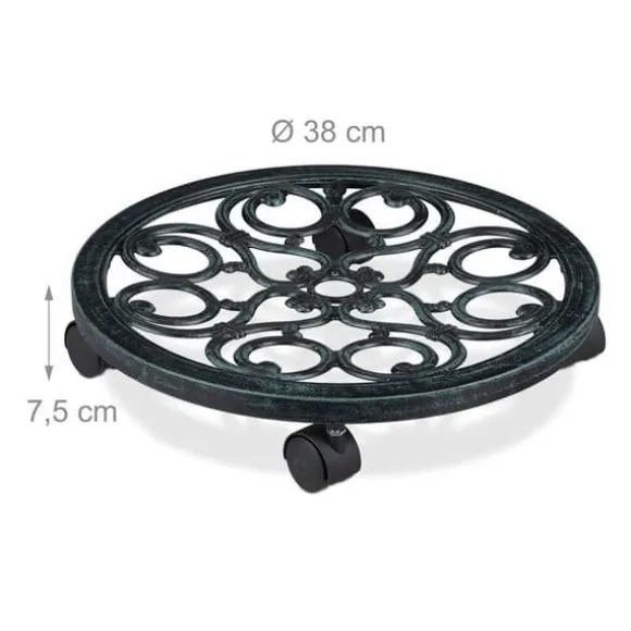 Relaxdays stöd rullande växter rund, i metall, rullande fat blomkrukor, antik utseende, grön