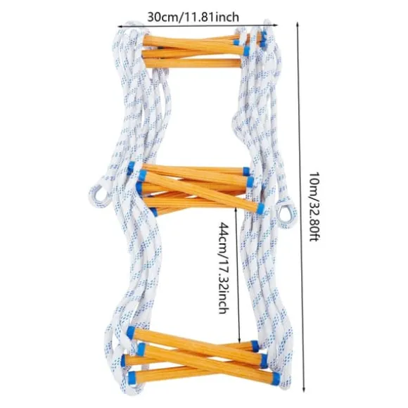 Repstege för nödutrymning - Portabel räddnings-/klätterstege - Höjd 3,8 m - Bredd 30 cm - Maxbelastning 100/120 kg - Fällbar - Färg Blå/Vit/Gul