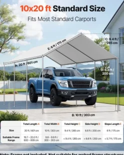 Reservtak för carport - Presenning 3 x 6 m - UV-beständig - Vattentät - Kraftig - Med bollsnoddar - Ram ingår ej - Grå