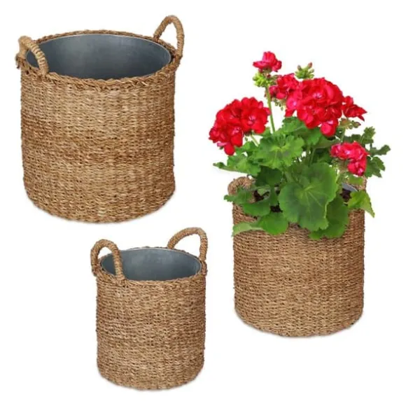 Robust växtkorg med zinkskål, set om 3
