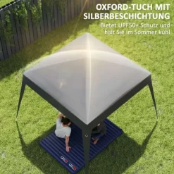 Rootz Pavilion Replacement Roof - Garden Tent Cover - Tarpaulin Canopy - UPF50+ Protection - 3x3m Base, 2.4x2.4m Top - Grey Oxford Fabric