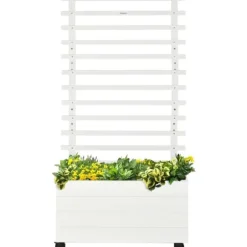 Rootz Planterkruka med spaljé - 4 hjul - Naturligt trä - Väderbeständig färg - Vit - 76 x 30 x 155 cm