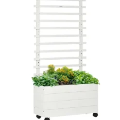 Rootz Planterkruka med spaljé - 4 hjul - Naturligt trä - Väderbeständig färg - Vit - 76 x 30 x 155 cm