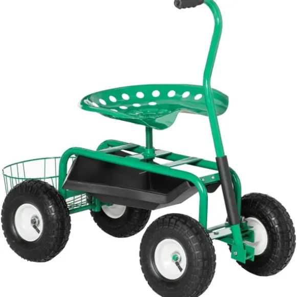 Rootz Trädgårdsvagn med Rullsits - Hyllkorg - Små trädgårdsredskap - Verkstadsvagn - Mobil trädgård - Justerbar i höjdled - Metall - Gummi - Grön - 98 | CDON
