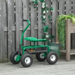 Rootz Trädgårdsvagn med Rullsits - Hyllkorg - Små trädgårdsredskap - Verkstadsvagn - Mobil trädgård - Justerbar i höjdled - Metall - Gummi - Grön - 98 | CDON