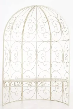 Rosie Half Gazebo Pavilion with Bench - Antique Cream Metal Garden Trellis, 178 cm H