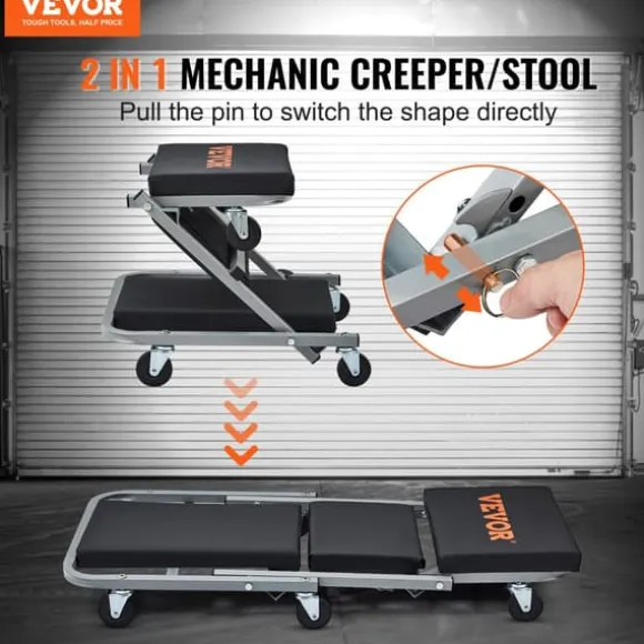 Rullande krypstol, vadderad vinylkudde, 2,5 tum hjuldiameter, 360° svängbara hjul, 250 lbs kapacitet, dubbel funktion design