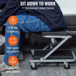 Rullande krypstol, vadderad vinylkudde, 2,5 tum hjuldiameter, 360° svängbara hjul, 250 lbs kapacitet, dubbel funktion design