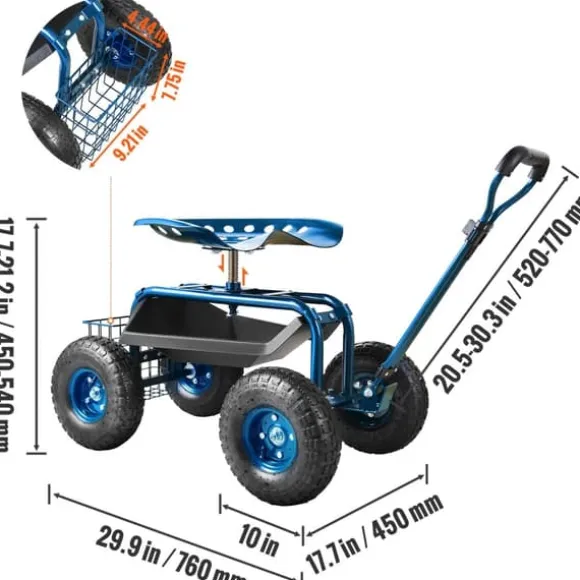 Rullande Trädgårdsvagn, Ergonomisk Design, Justerbart Styrsystem,Blå