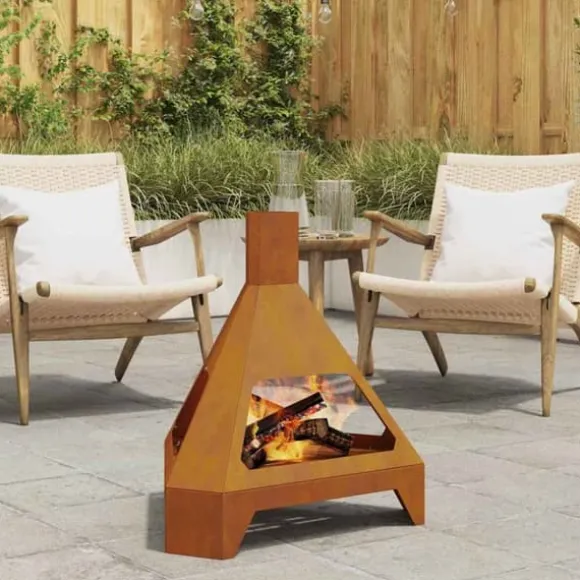 Rustik vedeldad eldstad med skorsten - Hållbart väderbeständigt stål | Storlek: 50x43x52 cm