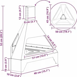 Rustik vedeldad eldstad med skorsten - Hållbart väderbeständigt stål | Storlek: 50x43x52 cm