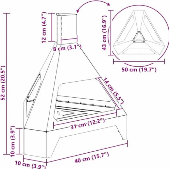 Rustik vedeldad eldstad med skorsten - Hållbart väderbeständigt stål | Storlek: 50x43x52 cm
