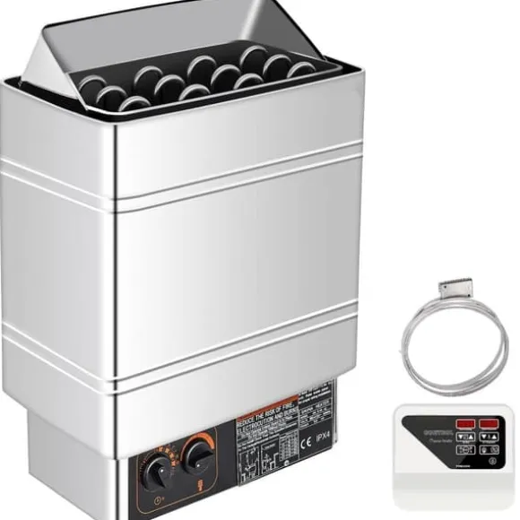 Saunaugn 9 kW, elsauna 380 V - 415 V, rostfri saunaugn, elektrisk saunaugn 2 lägen (temperatur, tid), extern kontroll och 3M-temperatursensor