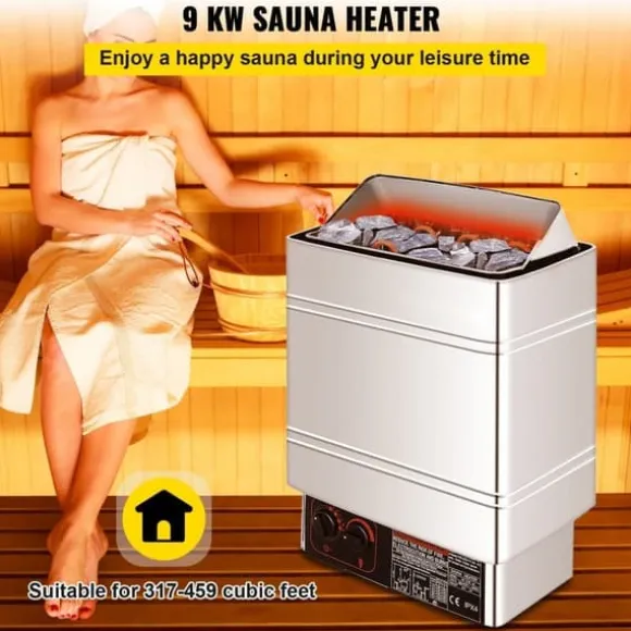 Saunaugn 9 kW, elsauna 380 V - 415 V, rostfri saunaugn, elektrisk saunaugn 2 lägen (temperatur, tid), extern kontroll och 3M-temperatursensor