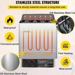 Saunaugn 9 kW, elsauna 380 V - 415 V, rostfri saunaugn, elektrisk saunaugn 2 lägen (temperatur, tid), extern kontroll och 3M-temperatursensor