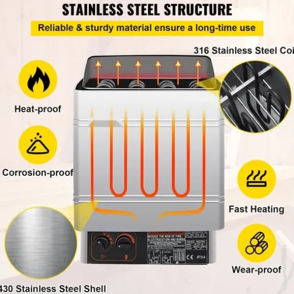 Saunaugn 9 kW, elsauna 380 V - 415 V, rostfri saunaugn, elektrisk saunaugn 2 lägen (temperatur, tid), extern kontroll och 3M-temperatursensor