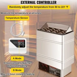 Saunaugn 9 kW, elsauna 380 V - 415 V, rostfri saunaugn, elektrisk saunaugn 2 lägen (temperatur, tid), extern kontroll och 3M-temperatursensor