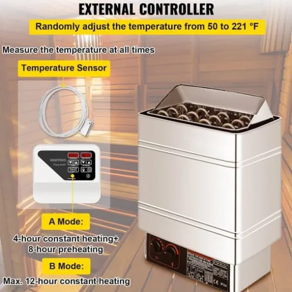 Saunaugn 9 kW, elsauna 380 V - 415 V, rostfri saunaugn, elektrisk saunaugn 2 lägen (temperatur, tid), extern kontroll och 3M-temperatursensor