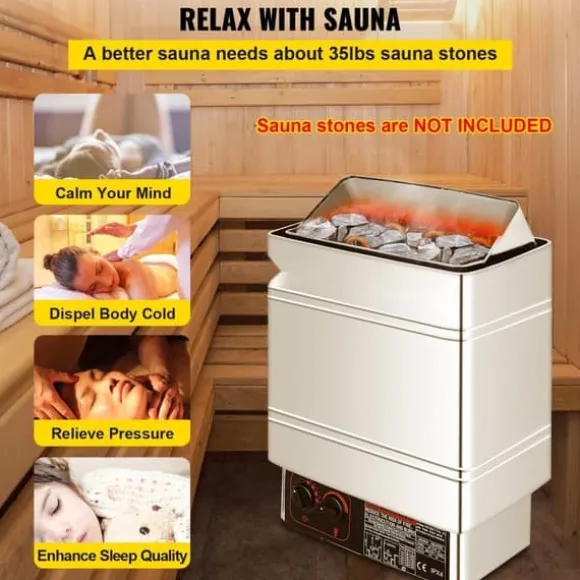 Saunaugn 9 kW, elsauna 380 V - 415 V, rostfri saunaugn, elektrisk saunaugn 2 lägen (temperatur, tid), extern kontroll och 3M-temperatursensor