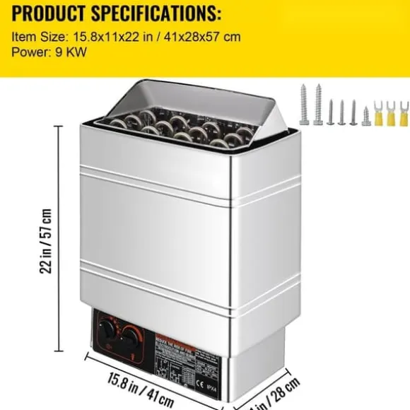 Saunaugn 9 kW, elsauna 380 V - 415 V, rostfri saunaugn, elektrisk saunaugn 2 lägen (temperatur, tid), extern kontroll och 3M-temperatursensor