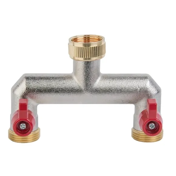 Set med 2 produkter. 2-vägs spliter med ventiler, invändig och utvändig gänga 3/4", nickiel MÄSSING