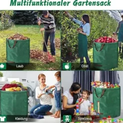 Set med 3 trädgårdsväskor med handtag, 272 l, i polypropentyg, hopfällbar, vattentät, återanvändbar, för förvaring[1989]