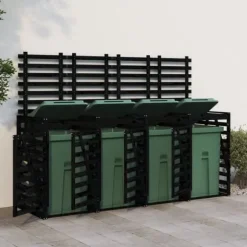 Skjul för 4 sopkärl i massiv furu - Hållbart och ventilerat | Färg: Svart | Storlek: 4 soptunnor