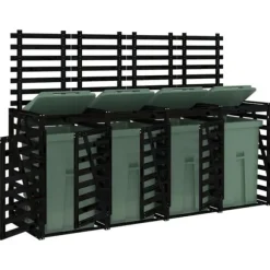 Skjul för 4 sopkärl i massiv furu - Hållbart och ventilerat | Färg: Svart | Storlek: 4 soptunnor