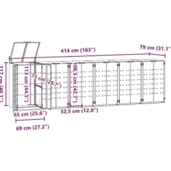 Skjul för sopkärl 6 platser - Hållbar stål med gasfjäderlock | Färg: Antracit | Storlek: 414x79x117 cm