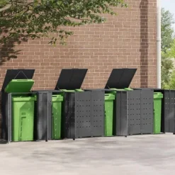 Skjul för sopkärl 6 platser - Hållbar stål med gasfjäderlock | Färg: Antracit | Storlek: 414x79x117 cm