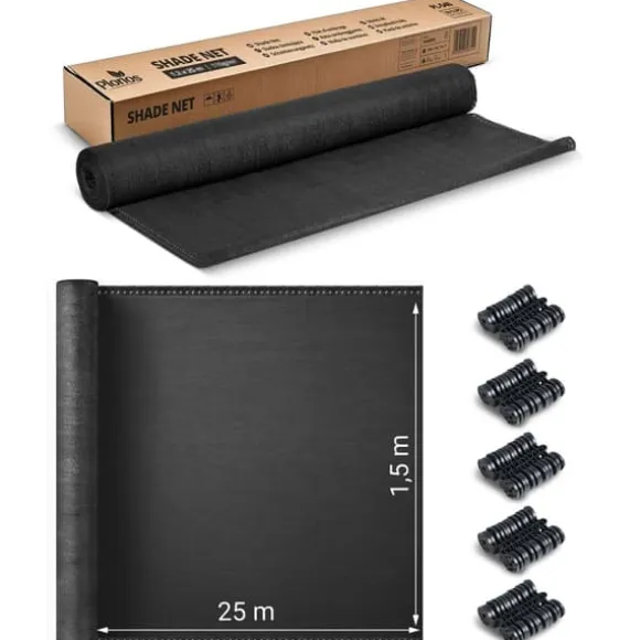 Skuggnät 1,5x25m 140g/m2 + 50 klämmor grå