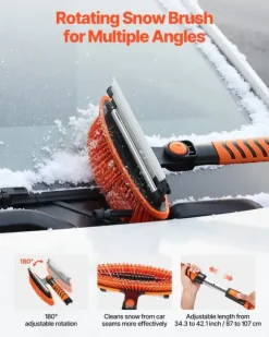 Snöborste & isskrapa - Set 3-i-1 med snöskyffel - Teleskopisk 107 cm - Vridbart 180° borsthuvud - Halkfritt handtag - För bil, SUV, lastbil