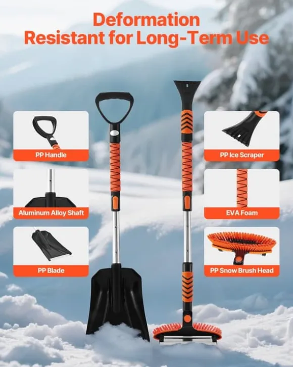 Snöborste & isskrapa - Set 3-i-1 med snöskyffel - Teleskopisk 107 cm - Vridbart 180° borsthuvud - Halkfritt handtag - För bil, SUV, lastbil