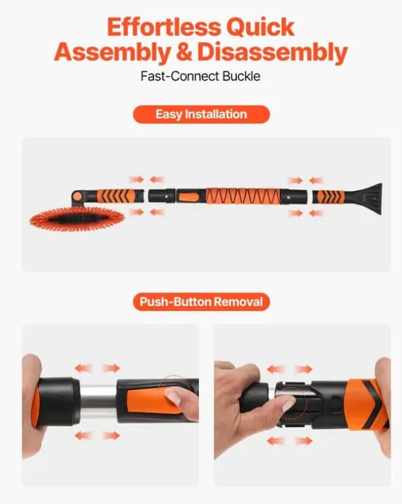 Snöborste & isskrapa - Set 3-i-1 med snöskyffel - Teleskopisk 107 cm - Vridbart 180° borsthuvud - Halkfritt handtag - För bil, SUV, lastbil