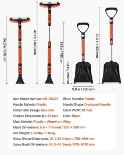 Snöborste & isskrapa - Set 3-i-1 med snöskyffel - Teleskopisk 107 cm - Vridbart 180° borsthuvud - Halkfritt handtag - För bil, SUV, lastbil