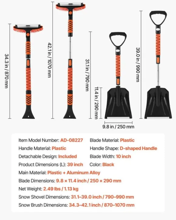Snöborste & isskrapa - Set 3-i-1 med snöskyffel - Teleskopisk 107 cm - Vridbart 180° borsthuvud - Halkfritt handtag - För bil, SUV, lastbil