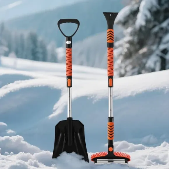 Snöborste & isskrapa - Set 3-i-1 med snöskyffel - Teleskopisk 107 cm - Vridbart 180° borsthuvud - Halkfritt handtag - För bil, SUV, lastbil